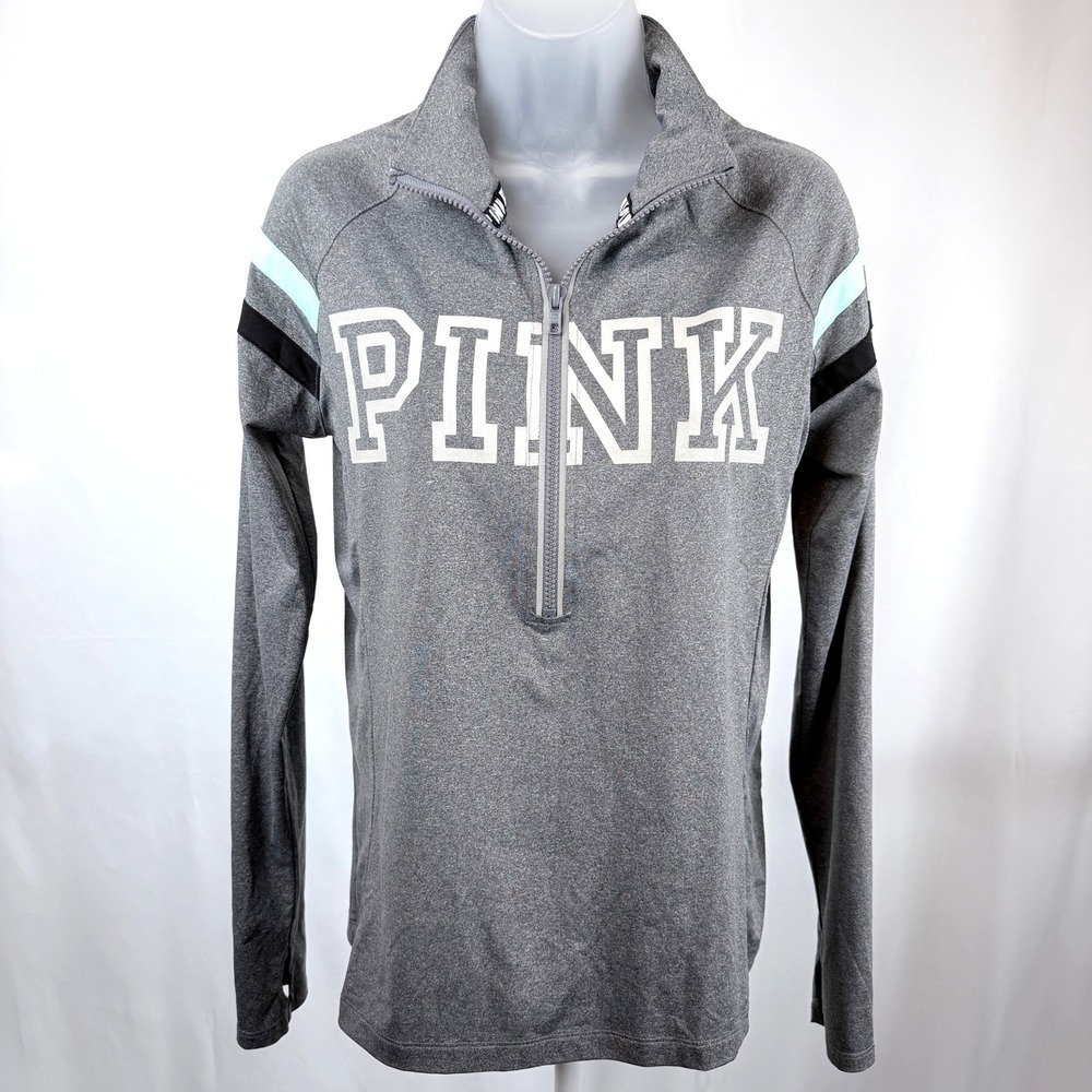 PINK Victoria's Secret Ultimate Half Zip Pullover M Gray Varsity Logo Athletic